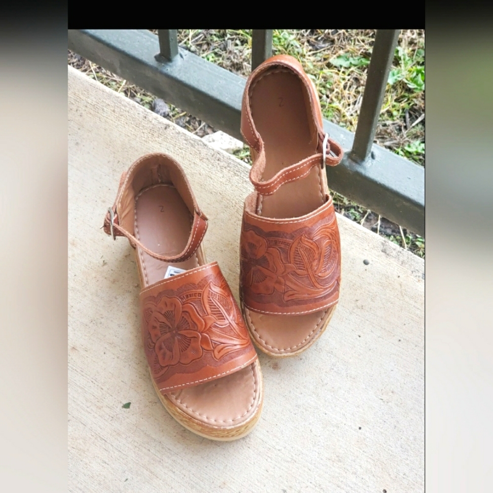 MEXICANA Tan Floral Tooled Leather Wedge Sandals